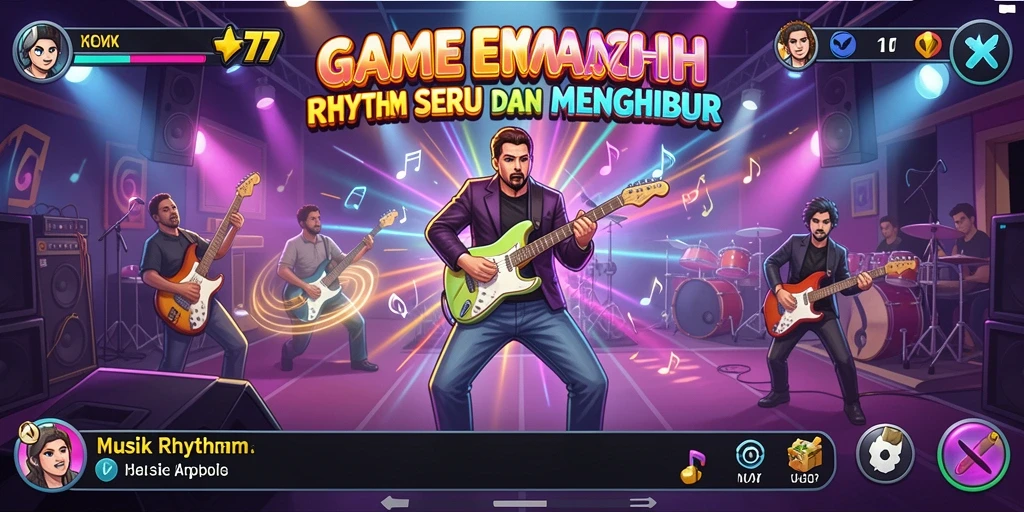Antarmuka interaktif game Musik Rhythm KOMEDI77 dengan efek grafis menawan.